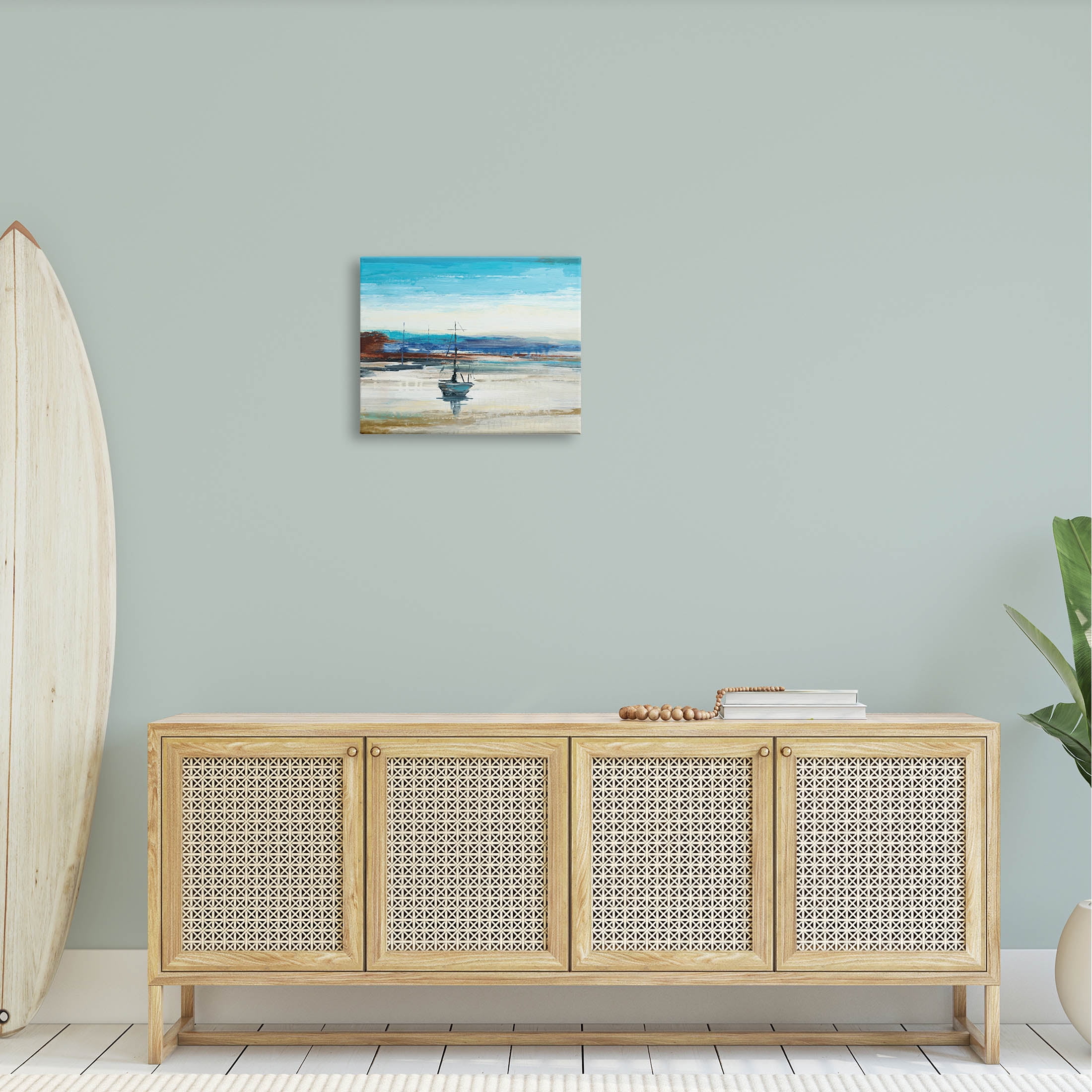 Abstract Boat Sea Reflection Coastal Painting Gallery Wrapped Canvas Print Wall Art