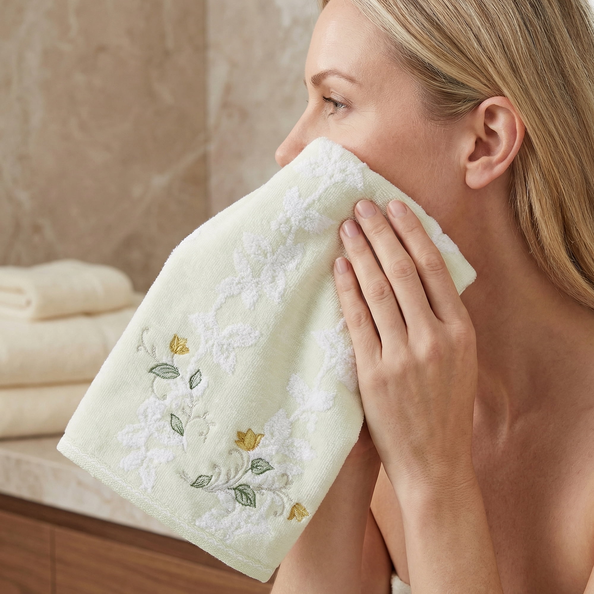 Unique Bargains Cotton Jacquard Hand Towels with Floral Embroidery Green 1pc 27" x 13"