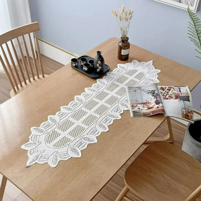 DEELLEEO Rectangular Lace Table Runner White Cotton Table Dresser for Dining Coffee Tea End Tables Doilies Cover Home Wedding Party Decor