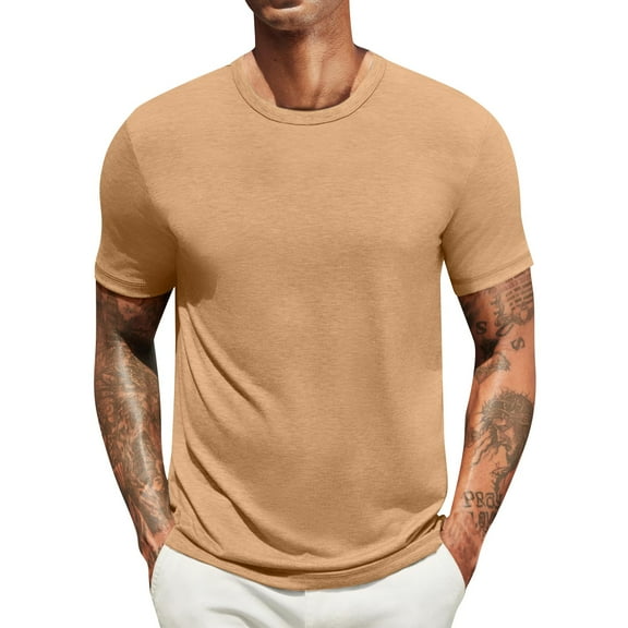 BOMYJESK Crew Neck Shirts for Men Big and Tall Mens Short Sleeve Shirt Basics T-Shirt Comfort Plus Size Tops Clearance Camel L
