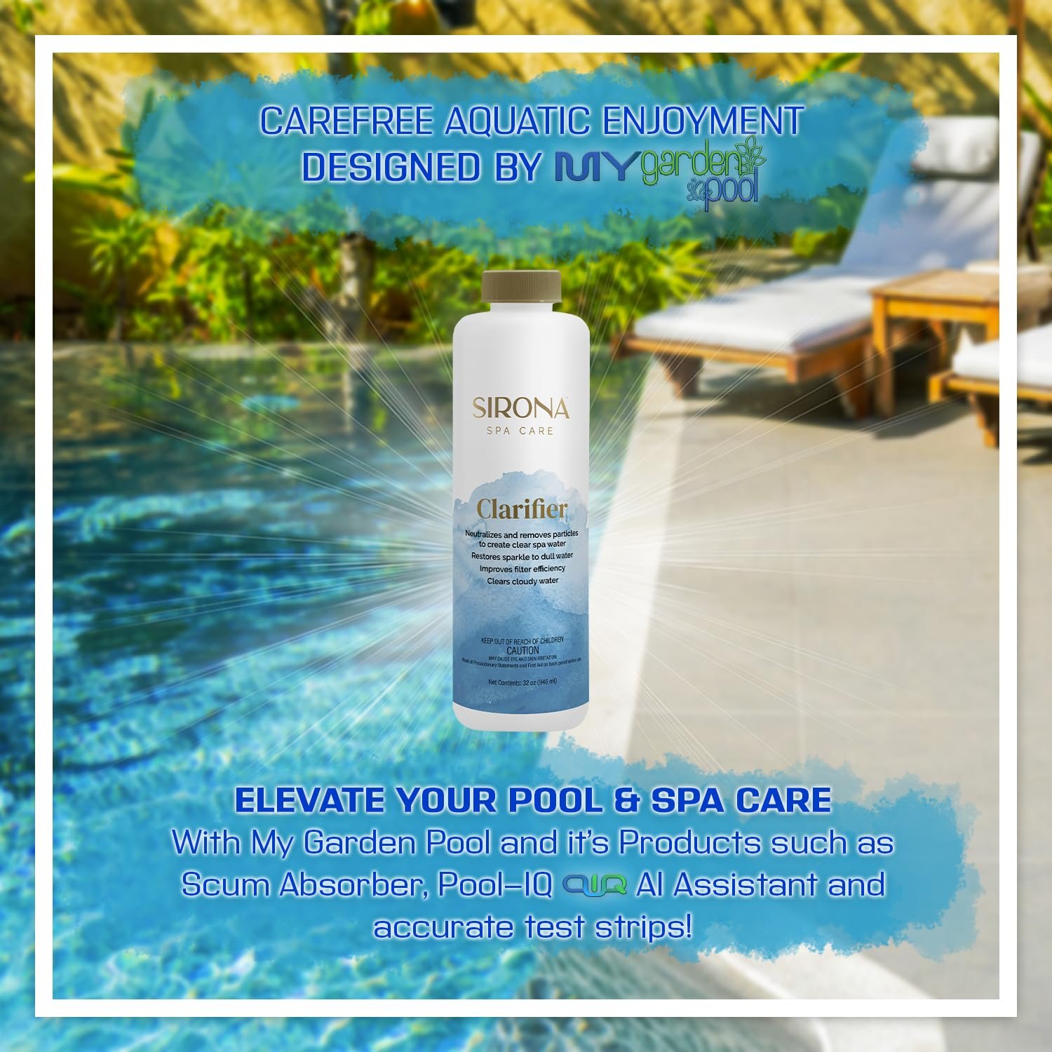Sirona 82129 Spa Clarifier, 32 fl Oz  Includes My Garden Pool 20 Ct. Test Strips & Scum Sponge  Clears Cloudy Water for a Sparkling & Balanced Spa