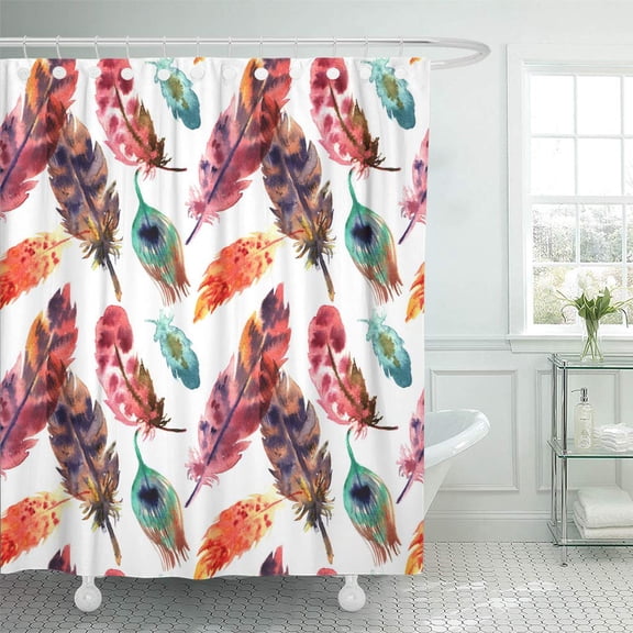 CYNLON Watercolor Illustration Decorative Feathers Boho Style Seamless Pattern Use for Bathroom Decor Bath Shower Curtain 66x72 inch