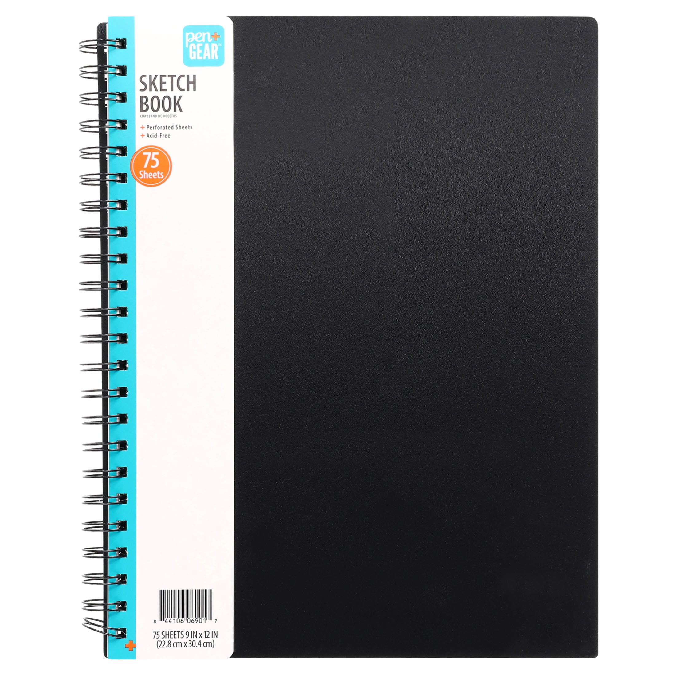 Pen+Gear Spiral Sketch Book, 9” x 12”, Black, Perforated, 75 Sheets