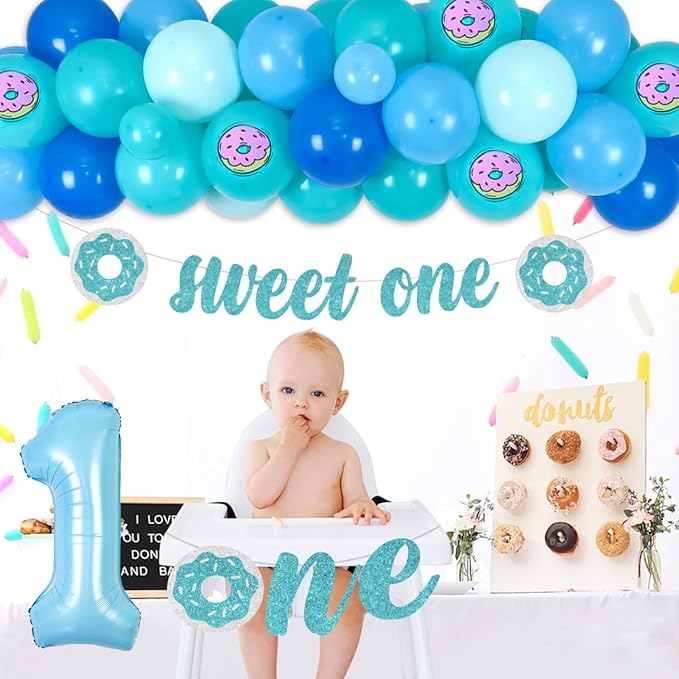 Sweet One Donut 1st Birthday Party Decors Boy Donut 1st Birthday Macaroon Blue Balloon Garland Arch Kit with Donut Photo Banner High Chair Banner, Sweet One Banner Cake Topper, Doughnut Foil Balloon