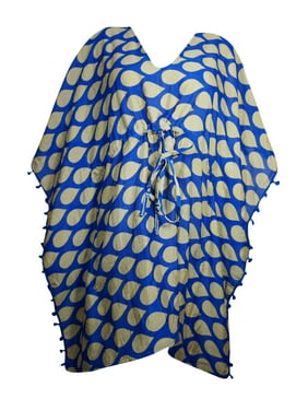 Mogul Women's Beige Blue Beach Kaftan Short Printed Caftan Dress with Pom Poms Perfect Vacation Beach Cover up Dresses XL