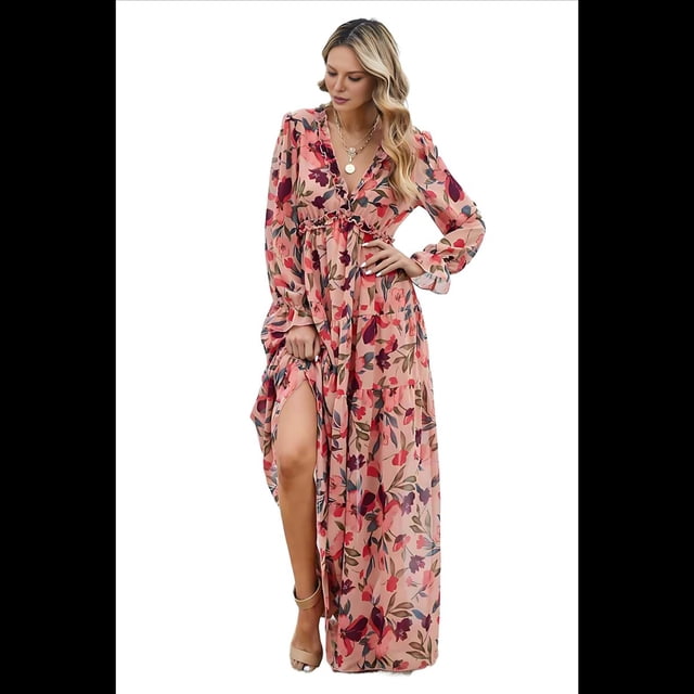 Vestido Maxi Bohemio para Mujer, Cuello en V, Larga Abullonada, Volantes, Corte A, Abertura, . Flor Roja XL