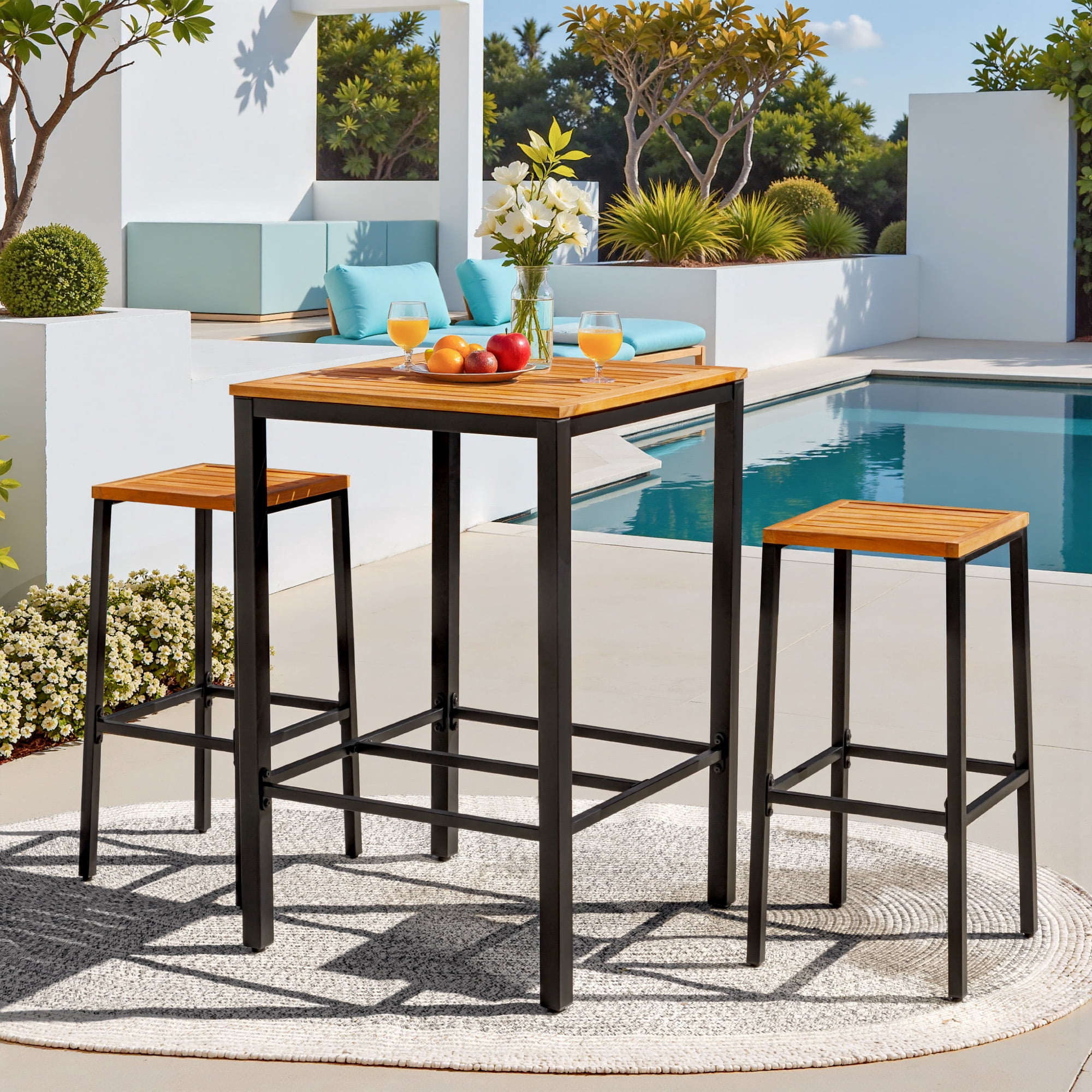 Devoko 3 Pieces Wood Patio Bar Set,Acacia Outdoor High Top Bar Stools with Table for Garden&Balcony