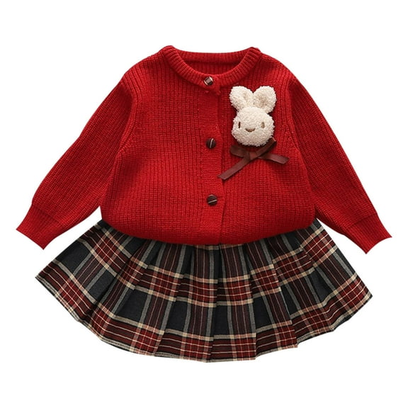 Odeerbi Toddler Girls Fall Winter Fleece Outfits Rabbit Cardigan Sweater with Plaid Pleated Skirt Set 1-8 Years Kids Cute Sweater Velvet Two-piece Skirt Set Toddler Clothes Red-Fleece