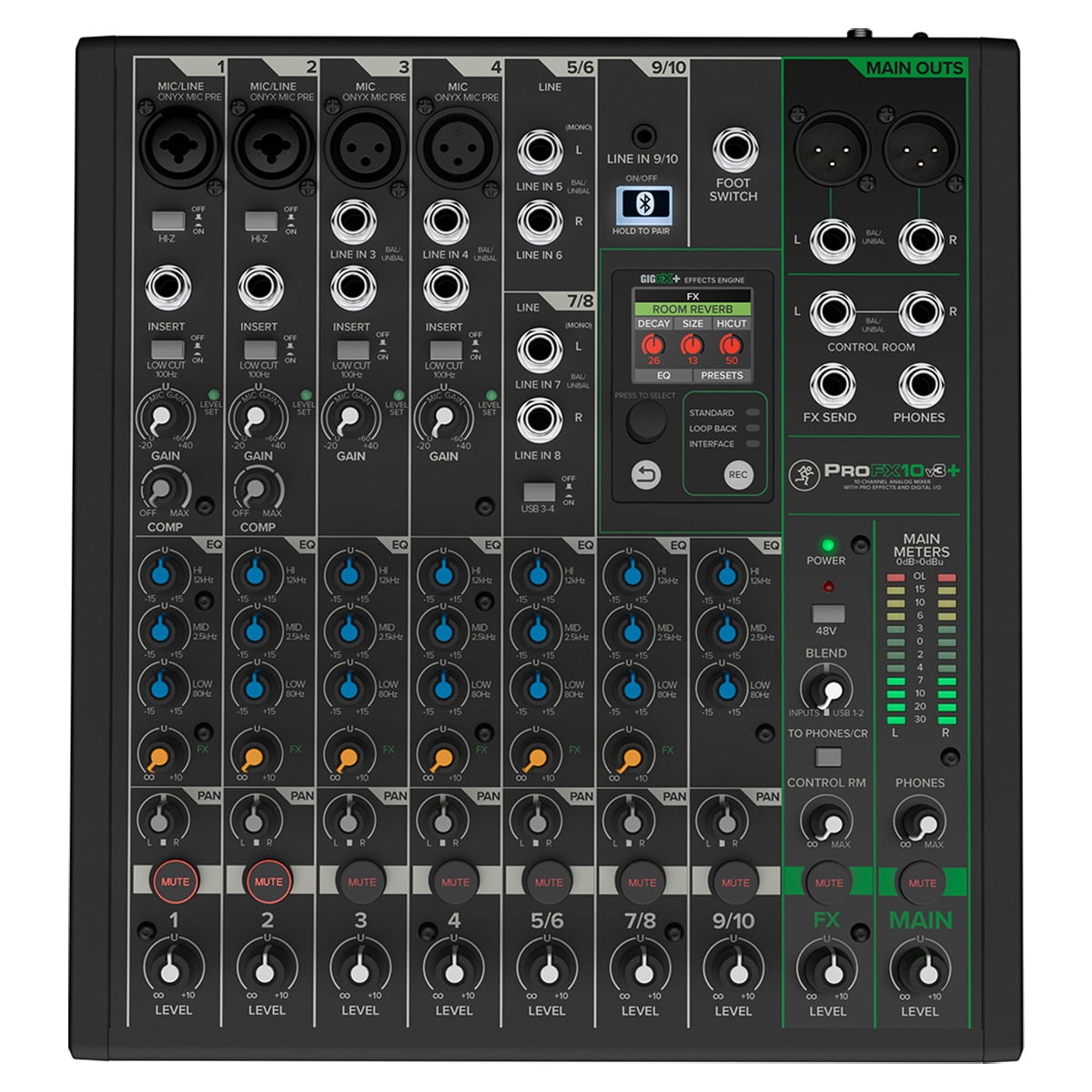 Mackie ProFX10v3+ 10-Channel Bluetooth Analog Mixer with Enhanced FX, Bundle with TAPH100 Headphones and 2x 25' 3-Pin XLR Microphone Cable