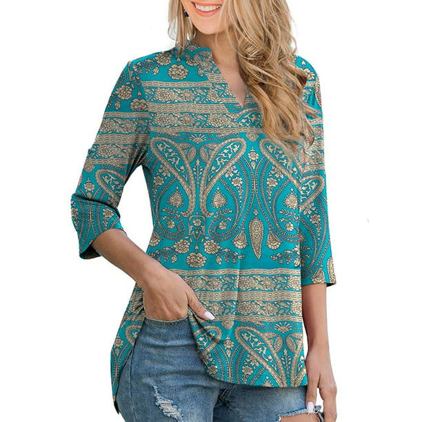 Chama - Women's Plus Size 3/4 Roll Sleeves Tunic Tops Paisley Floral ...