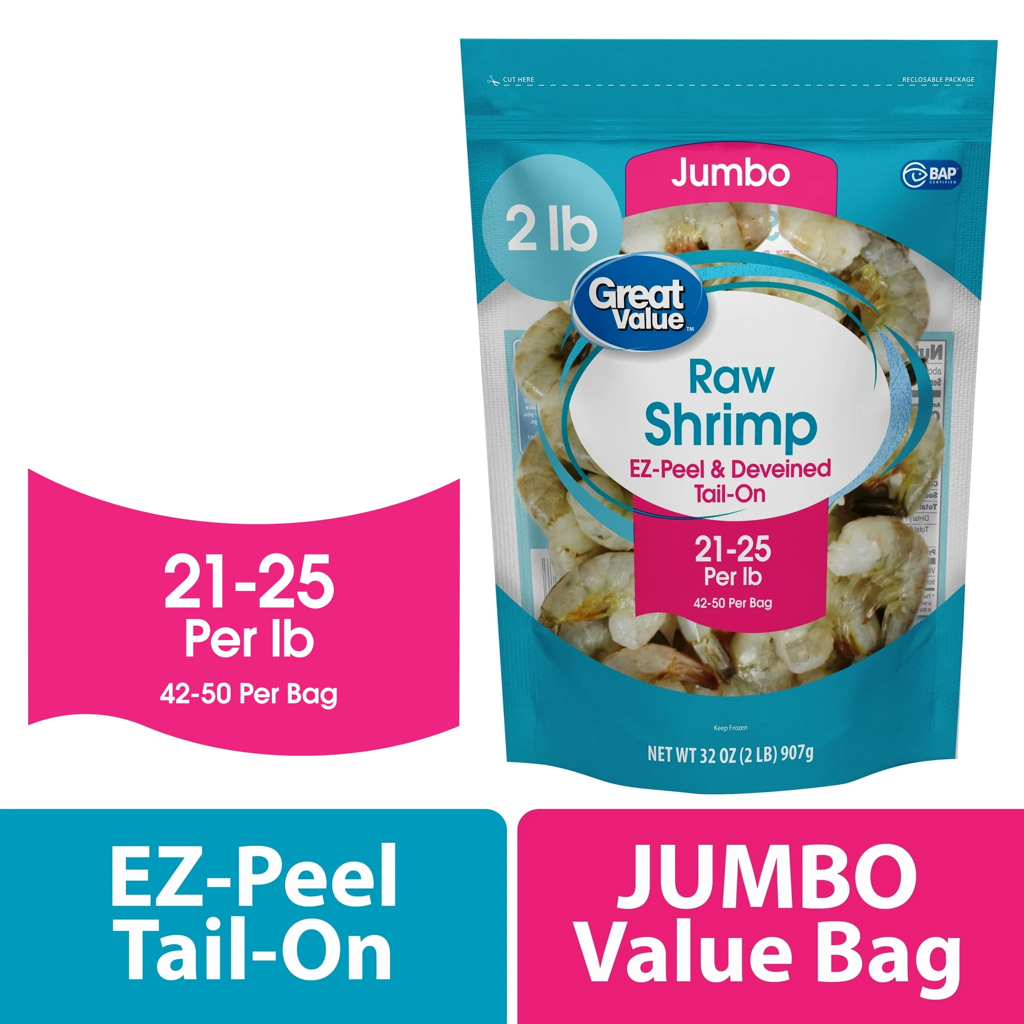 Great Value Frozen Raw Jumbo Shell-on, Tail-on, Easy Peel Shrimp, 32 oz Bag (21-25 Count per lb)