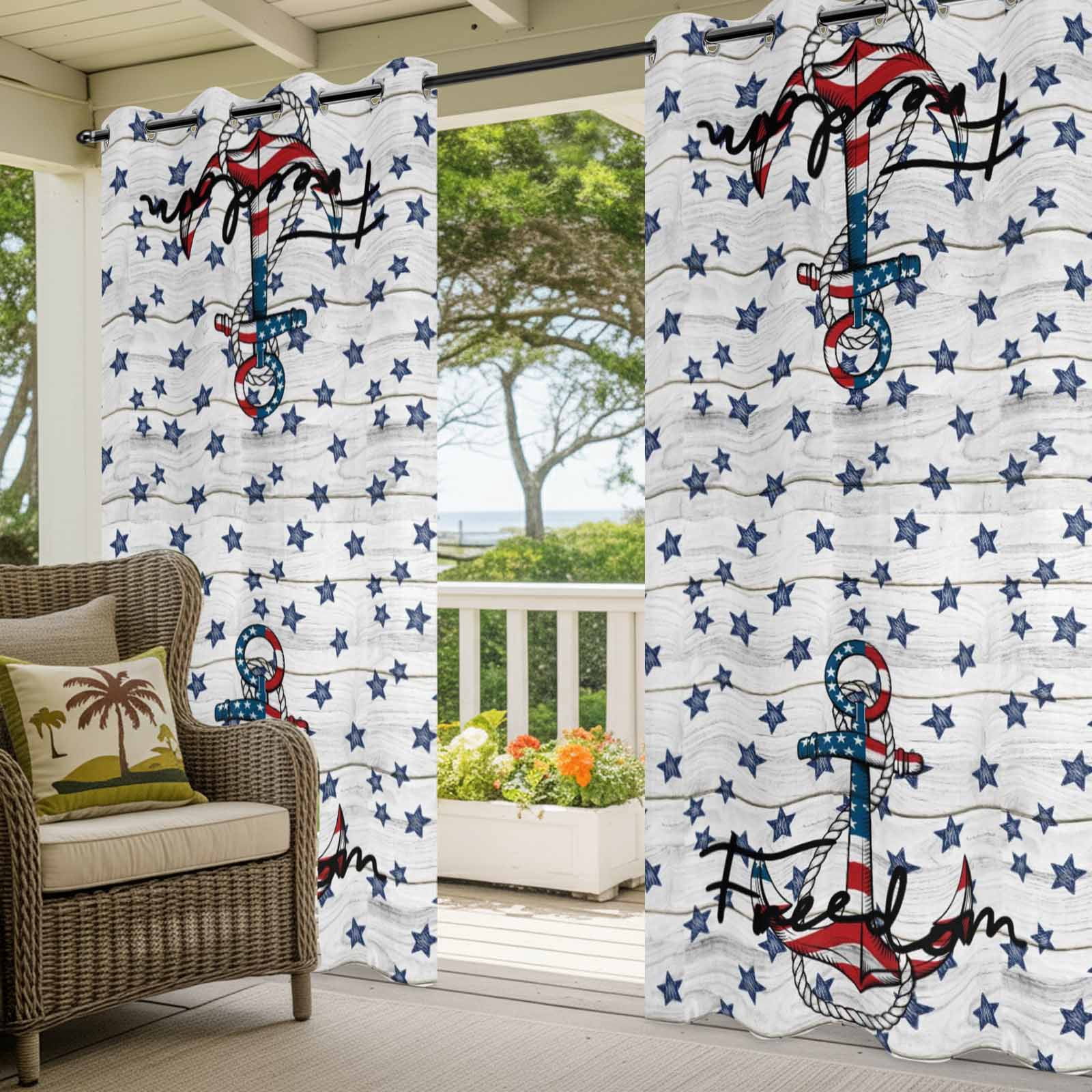 Independence Day Outdoor Curtains for Patio, Freedom Anchors Blue Star Flags White Wood Grain Sunshade Privacy Drapes Grommet Waterproof Outside Curtains for Porch/Cabana/Balcony 54"x 108", 1 Panel