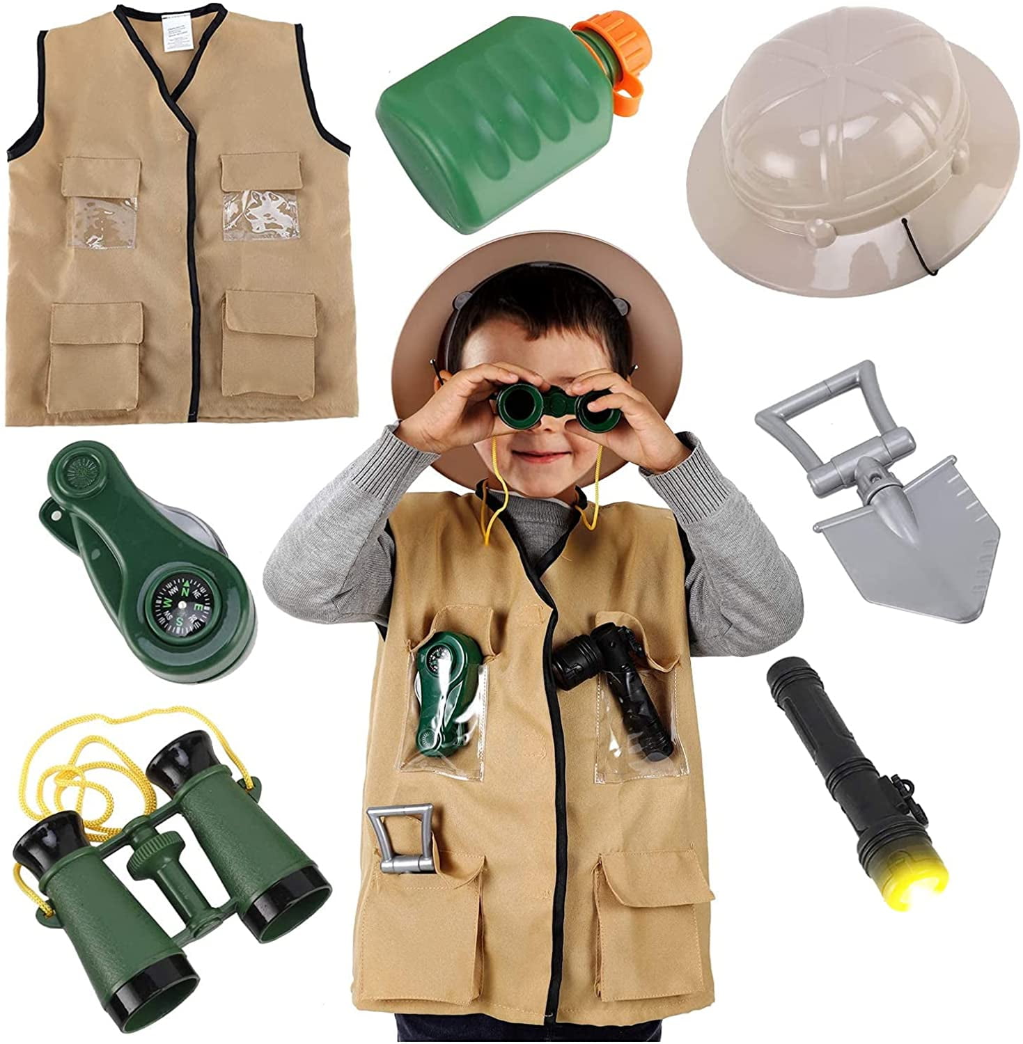 Junior Backyard Safari Explorer Kids Role Play Set - Washable Cargo Vest  and Outdoor Adventure Camping Gear Costume Kit and Accessories