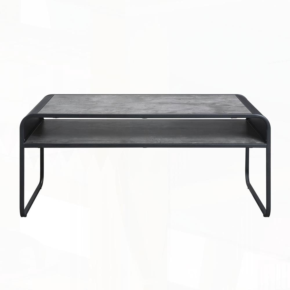 Modern Black Metal Frame Coffee Table with Concrete Gray Shelf|Sleek Design