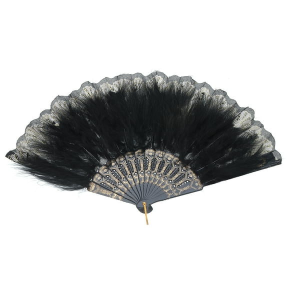 Uxcell Feather Hand Fan Black Vintage Folding Fan Feather Fan Handheld for Dancing Decoration
