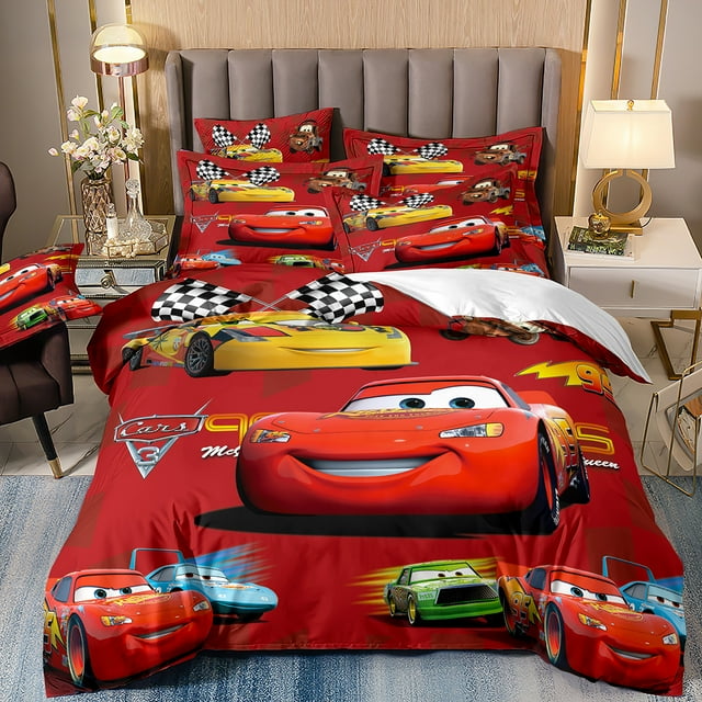 Cars Lightning McQueen Ensembles de Literie, Adolescents Garçons Housse de Couette à Impression 3D et Taies d'Oreiller Housse de Courtepointe pour Enfants motifs de Voitures Rouges