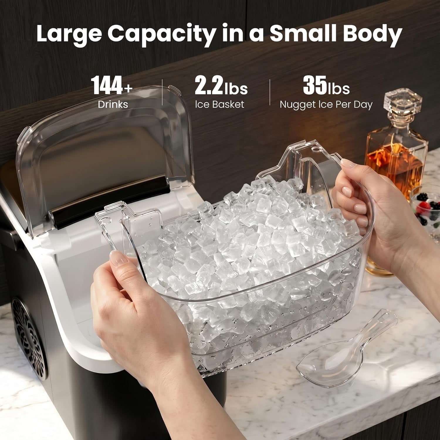 Auseo Nugget Ice Maker Countertop , 35lbs/24H, Crushed Ice Ready in 5 Mins ,Self-Cleaning, Ice Basket & Ice Shovel & Handle, for Home/Office/Party, Black