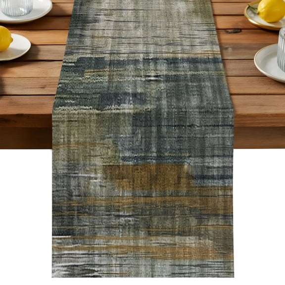 Vertical Band Table Runner, Abstract Industrial Olive Gray Wood Grain Cotton Linen Kitchen Dining Table Runner Cloth Dresser Scarf Decoration for Party Home Decor 13x72in