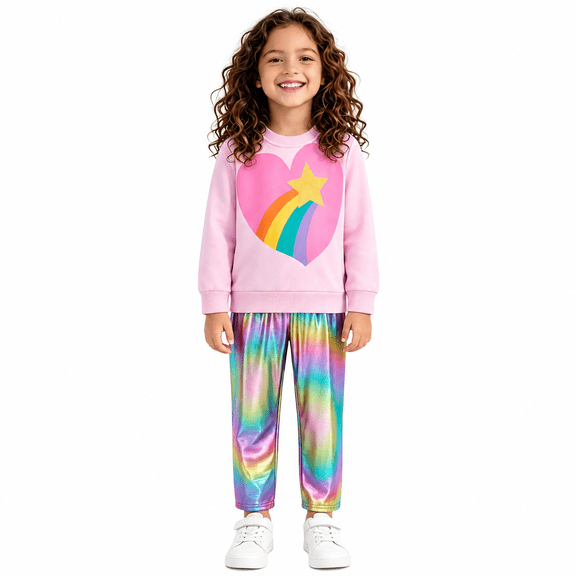Toddler Girls 2-Piece Set Pink Rainbow Heart & Star Sweatshirt, Colorful Gradient Pants, Long Sleeve Outfit, 5T
