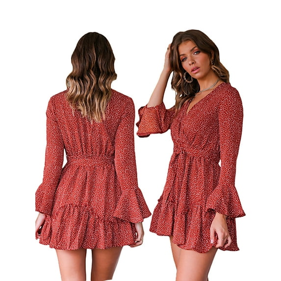 Qmyliery Women's Floral/Dots Pattern Dress, Casual V Neck Long Sleeve Printing Knee Length Dress