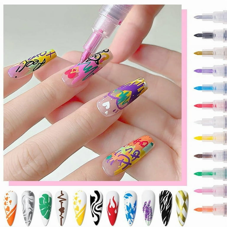 12 Colors Nail Art Pens Set, 3D Nail Art Markers Doodle Pen for Adults, Nail Art Tools for Polishing Dotting Painting Liner DIY 10ml