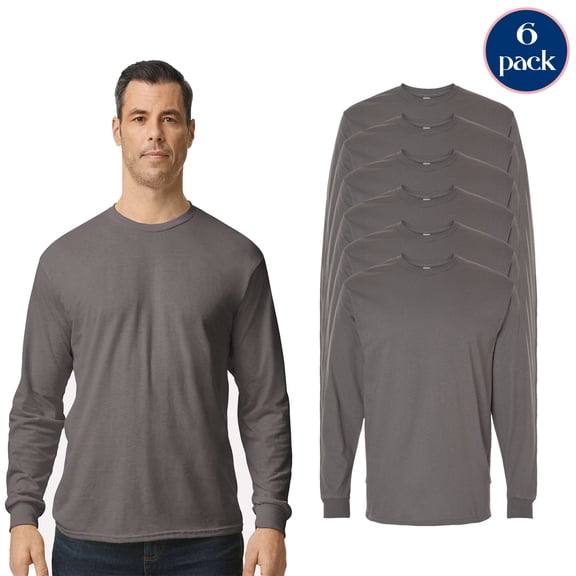 Gildan Men’s Heavy Cotton Long Sleeve T-Shirt, Moisture Wicking Crew Neck Charcoal Tee, 6 Pack, S