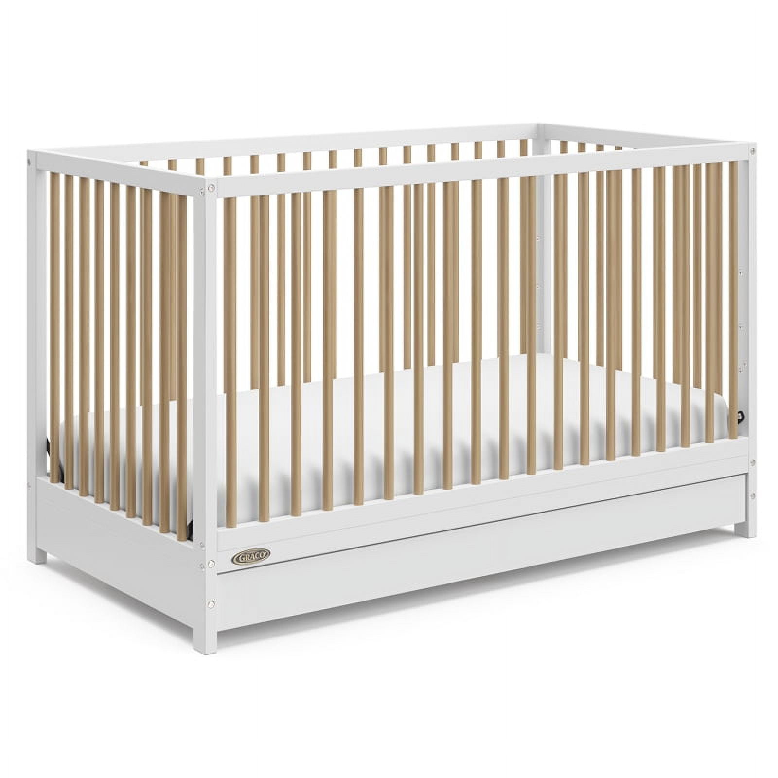 Graco Teddi 5-in-1 Convertible Crib with Drawer and Premium Crib & Toddler Mattress Bundle, White with Driftwood