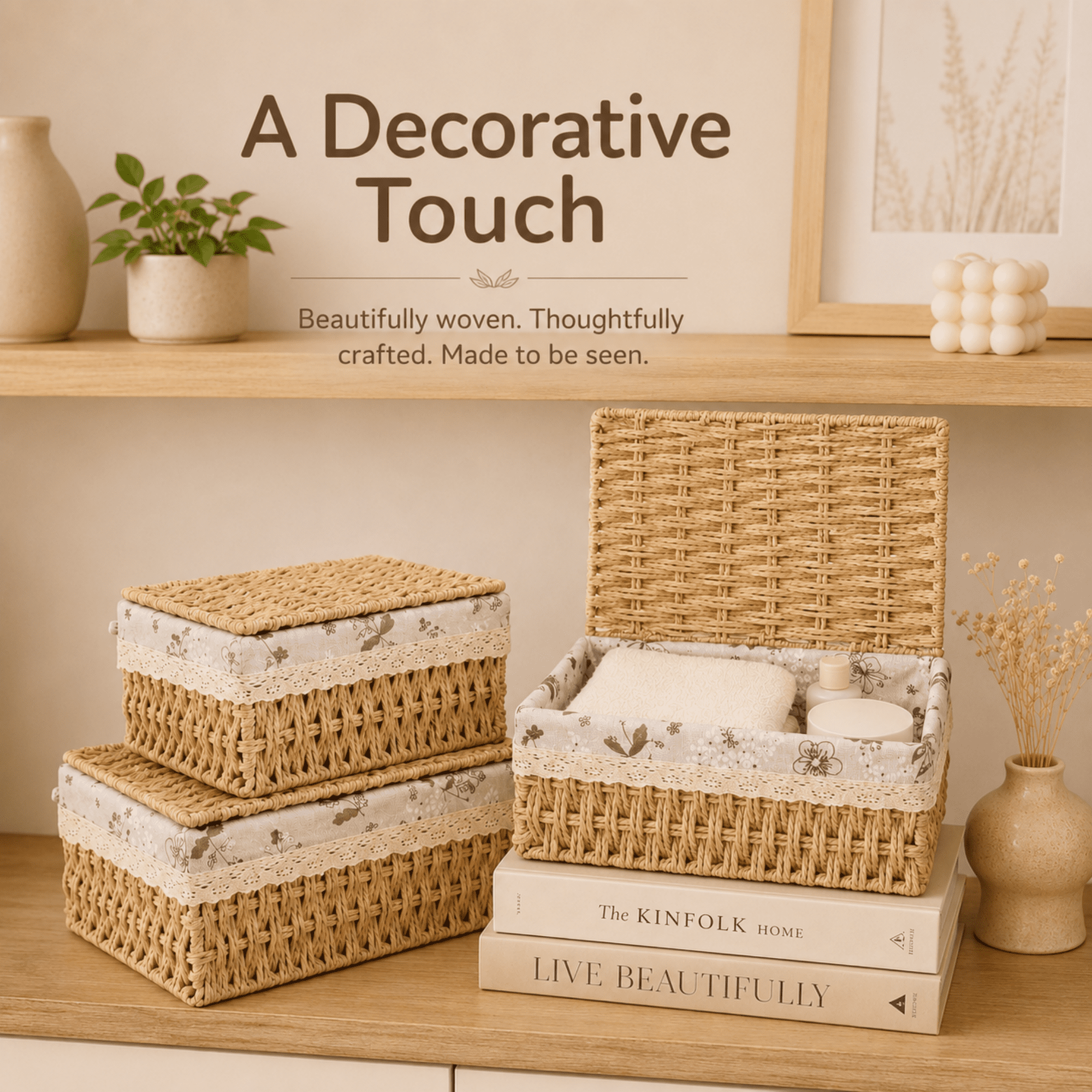MEHOOM Decorative Storage Baskets, Natural Paper Rope Wicker Baskets with Lid & Liner, Baskets and Bins for Bedroom, Living Room, Kitchen, Table, Home Decor (3 Pack)