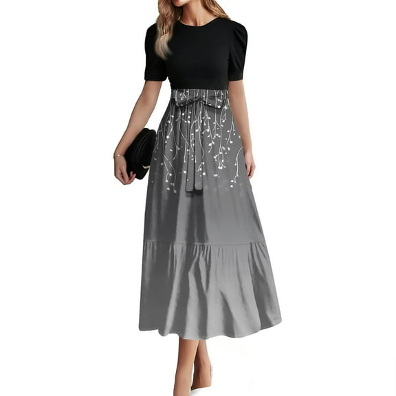 JGNGSHN Floral Maxi Dress for Women Short Sleeve Wrap Patchwork Dresses Flowy Swing Empire Waist Boho Sundresses2025 Summer Spring Beach