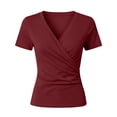 thumbnail image 6 of Karymi Blouses for Women Dressy Casual Solid Wrap Cross V Neck Ruched Short Sleeve T-Shirt, Slim Fitted Twisted Surplice Pullover Top, Stretch Casual Tee Shirts for Women, 6 of 6