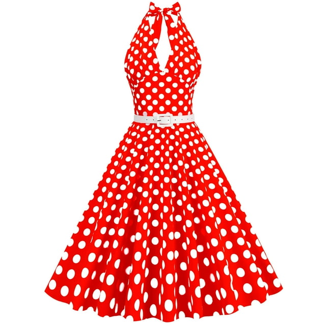 Birdeem Robe de Soirée pour Femmes, Confortable, d'Été, à Manches Courtes, Dos Nu, Col en V, Vintage, Coupe Régulière, à Pois