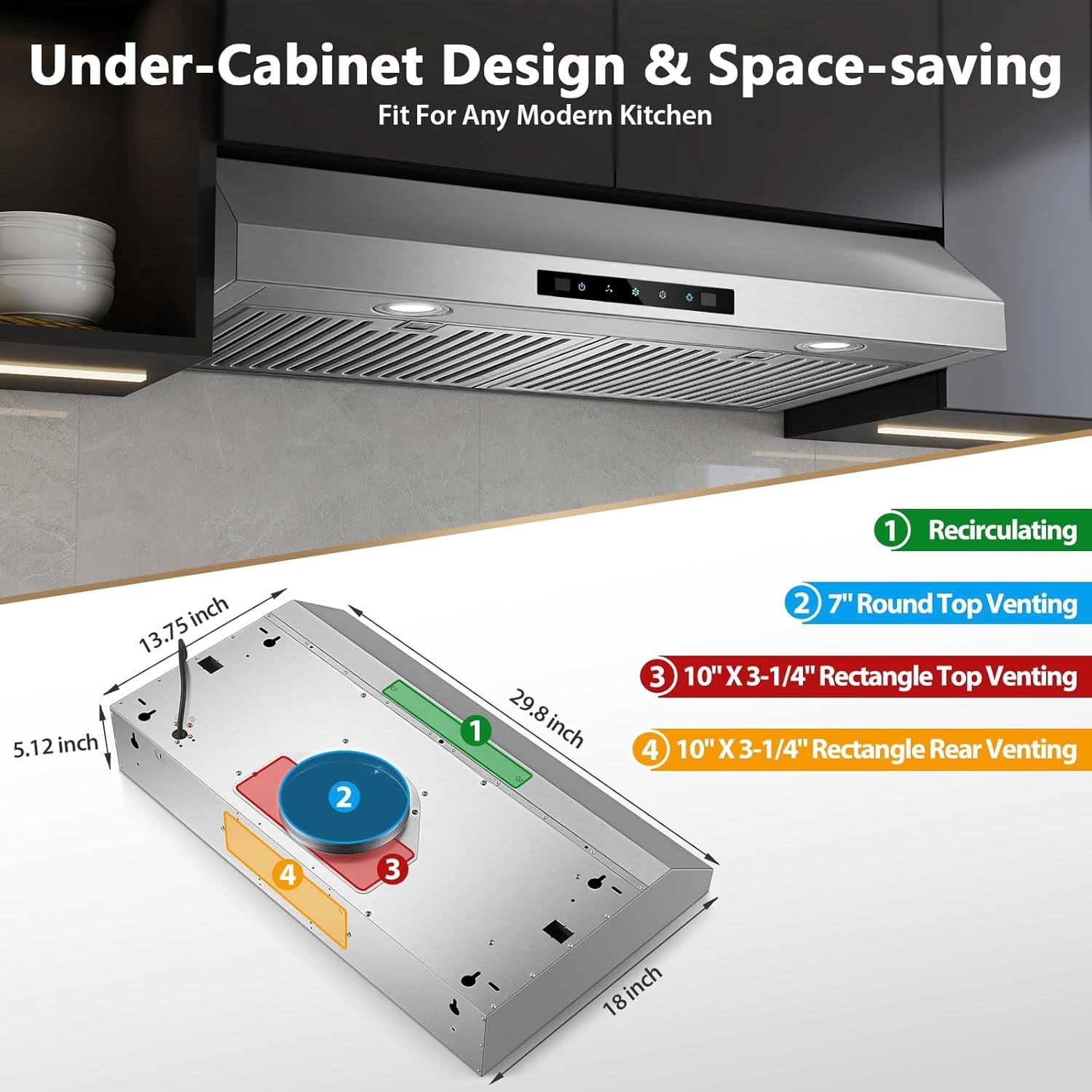 Range Hood 30 inch Under Cabinet, 800 CFM Stainless Steel Range Hood with Gesture and Touch Control, kitchen hood with Carbon Filter, 3 Fan Speed, Ducted/Ductless Convertible