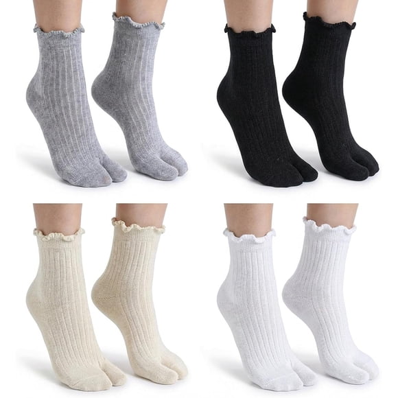 4 Pairs Tabi Split Toe Flip Flop Socks Women, Breathable Cotton Japanese Split Toe Sock Ruffle Frilly Sports Casual Sock Non Slip Ankle Socks with Toes for Men Women Unisex