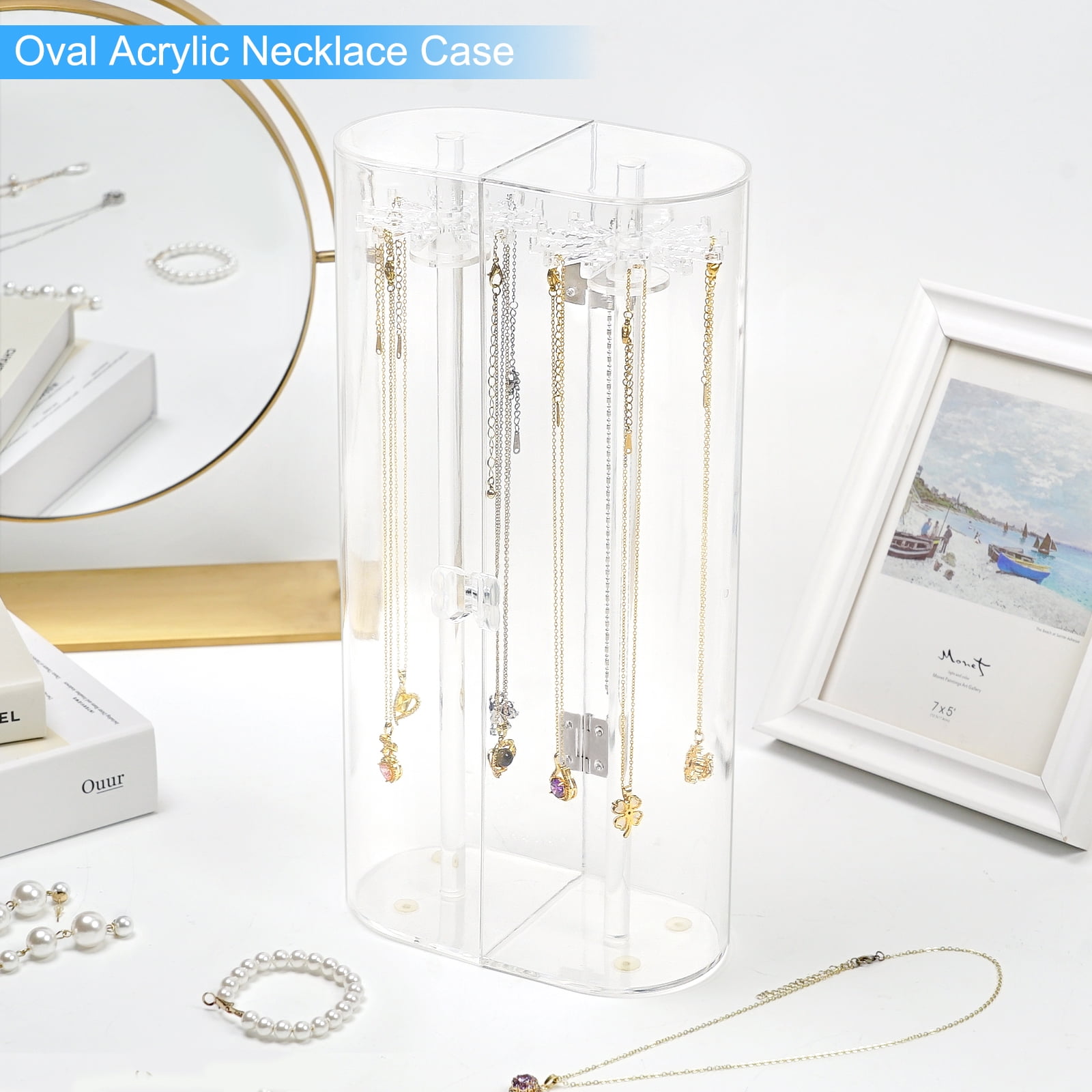 Haturi Acrylic Necklace Holder, Clear Necklace Organizer with 24 Hooks, Dustproof Rotation Jewelry Storage Holder Stand, Long Necklaces Pendant Bracelets Display Case