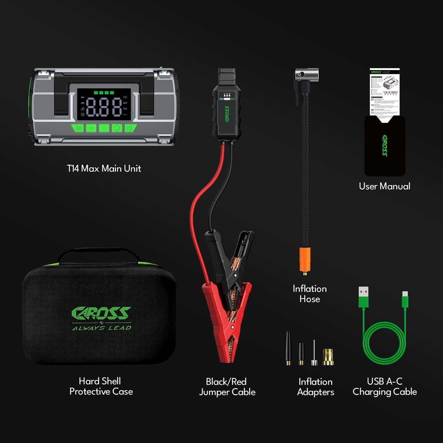 CAROSS T14 Max Portable Car Jump Starter with 150-PSI Air Compressor and USB Power Bank with 2,000-Amp Peak, Heavy-Duty Clamps, and QC Fast Charger