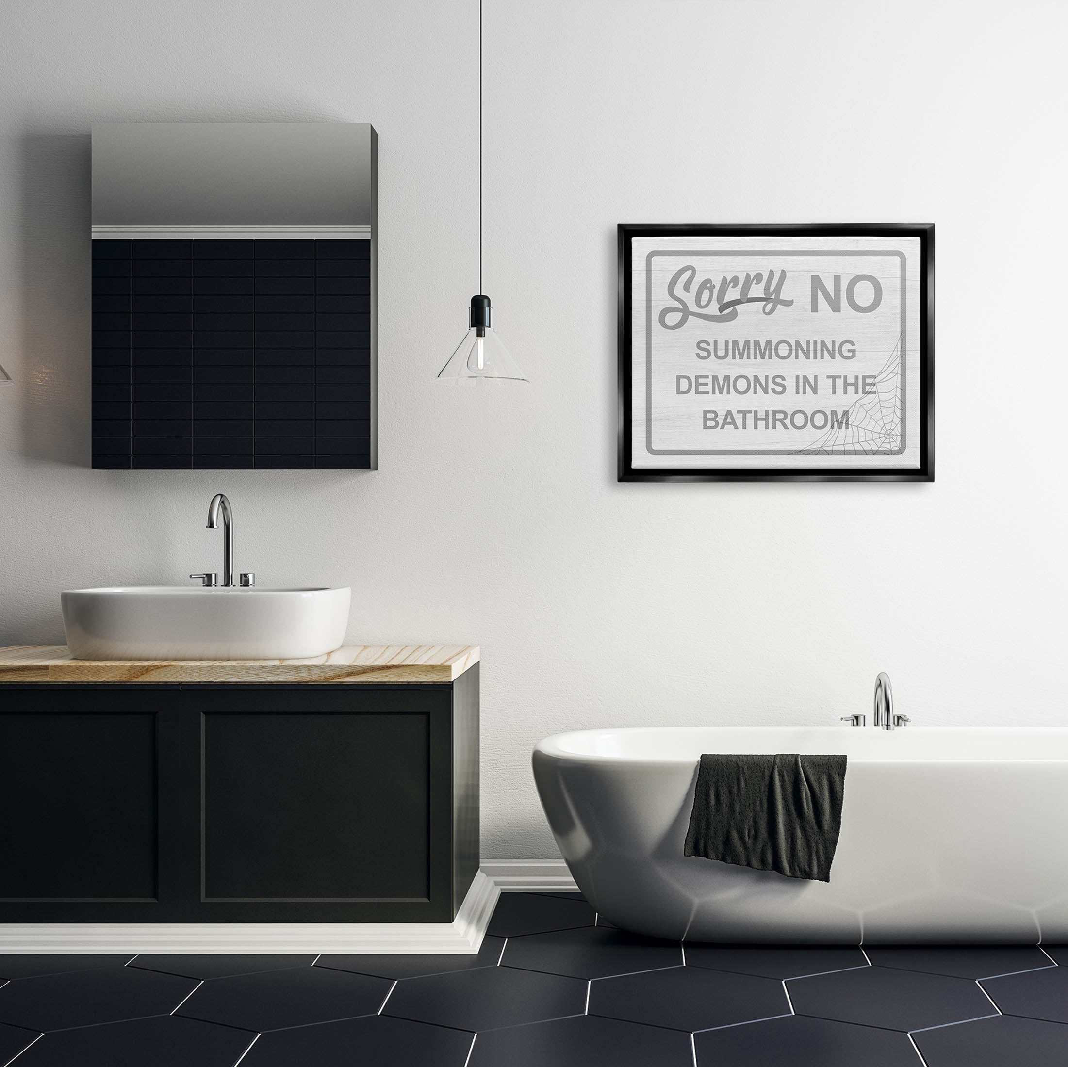 Stupell Industries No Summoning Demons Bathroom Graphic Art Jet Black Floating Framed Canvas Print Wall Art, Design by Lil' Rue