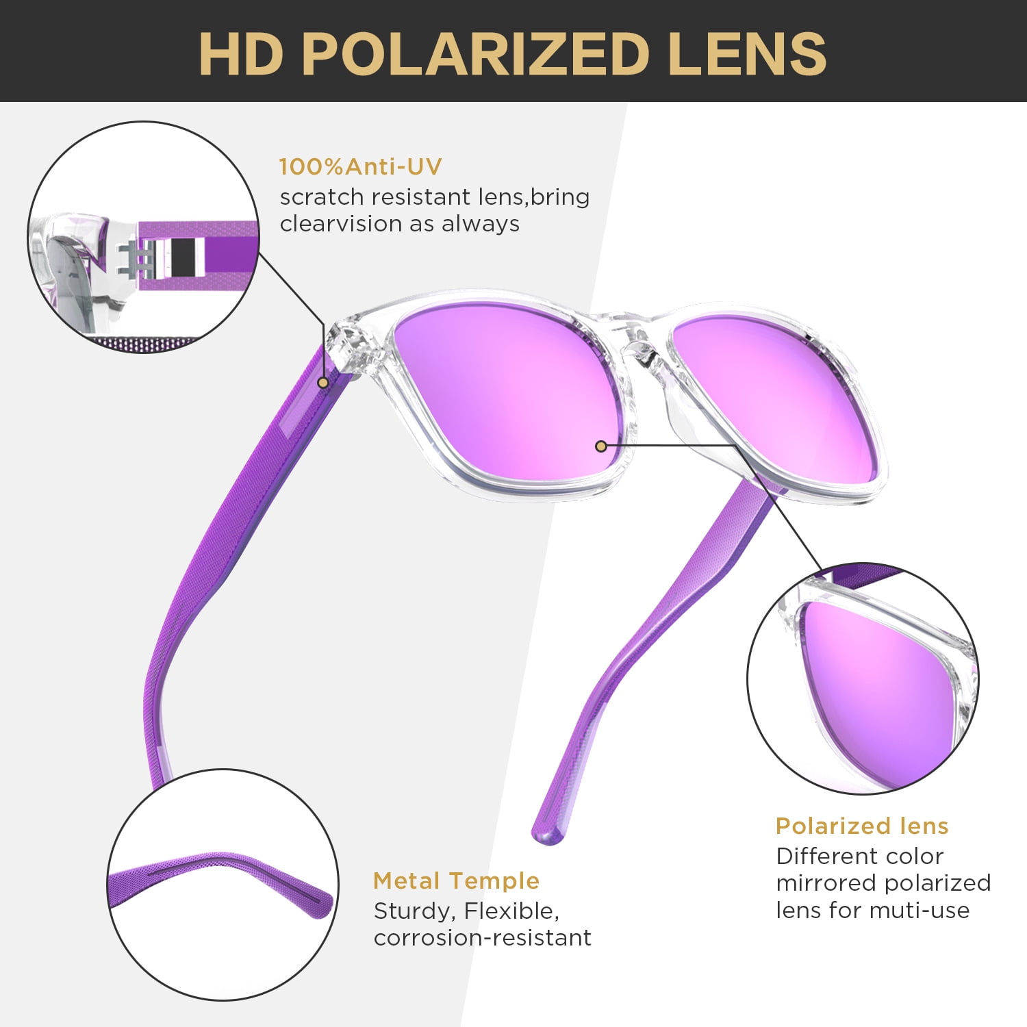 Yapzor Fashion Polarized Sunglasses, Translucent Frame Colorful Neon 80s  Mirrored Sunglasses with UV400 Protection for Men Women-Purple 