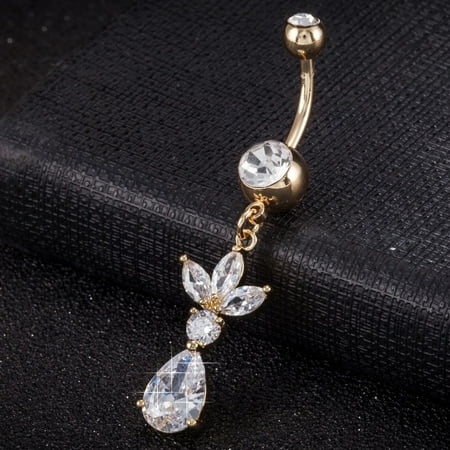 1pc Piercing Jewelry Brass Cubic Zirconia Navel Ring Belly Rings with 304 Stainless Steel Bar Cadmium Free Real 18K Gold Plated teardrop Clear 50x12mm