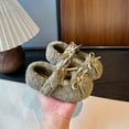 thumbnail image 2 of Kids Girl's Slip On Plush Mary Jane Shoes Fleece Lined Non Slip Loafers Toddler Cute Bowknot Princess Dress Shoes Brown Size 12 Little Child, 2 of 7
