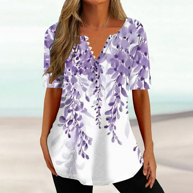 Puntoco 2024, tops a la moda de verano para mujer, blusas informales holgadas con estampado de cuello en V de verano para mujer, blusas con botones y cuello en V de manga corta, tops