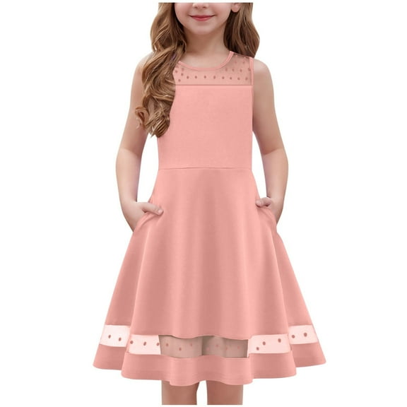 FAIWAD Girls Dress Casual Round Neck Sleeveless A Line Dresses Kids Knee Length Princess Party Wedding Dresses 5-13Y