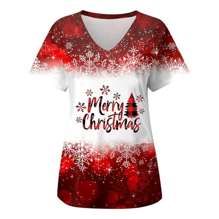 

TAIAOJING Women Scrubs Top Workwear Christmas Print Top Pocket V Neck Overalls T Shirt Short Sleeves