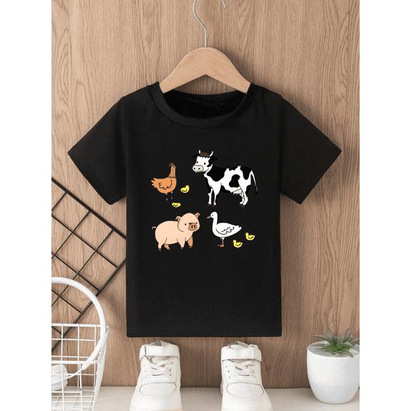 children’s wear Cute Farm Animals Cow Pig Chicken Duck Graphic Black T-Shirt for Kids Toddler Boys Girls Retro Funny Short Sleeve Tee