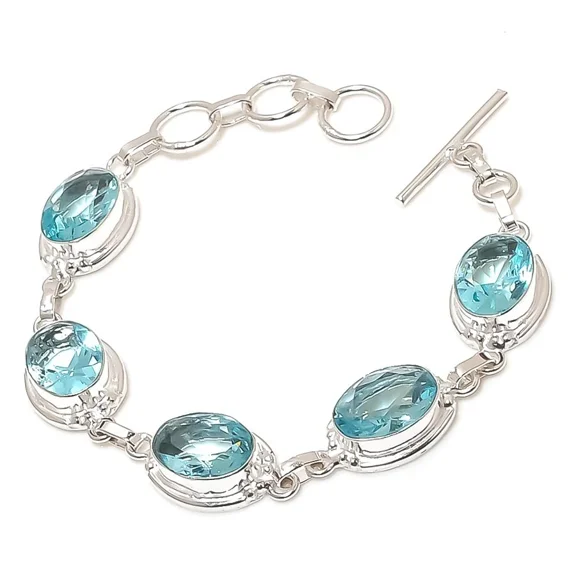 Aqua Aquamarine Gemstone Handmade 925 Sterling Silver Jewelry Bracelet Sz 7-8"