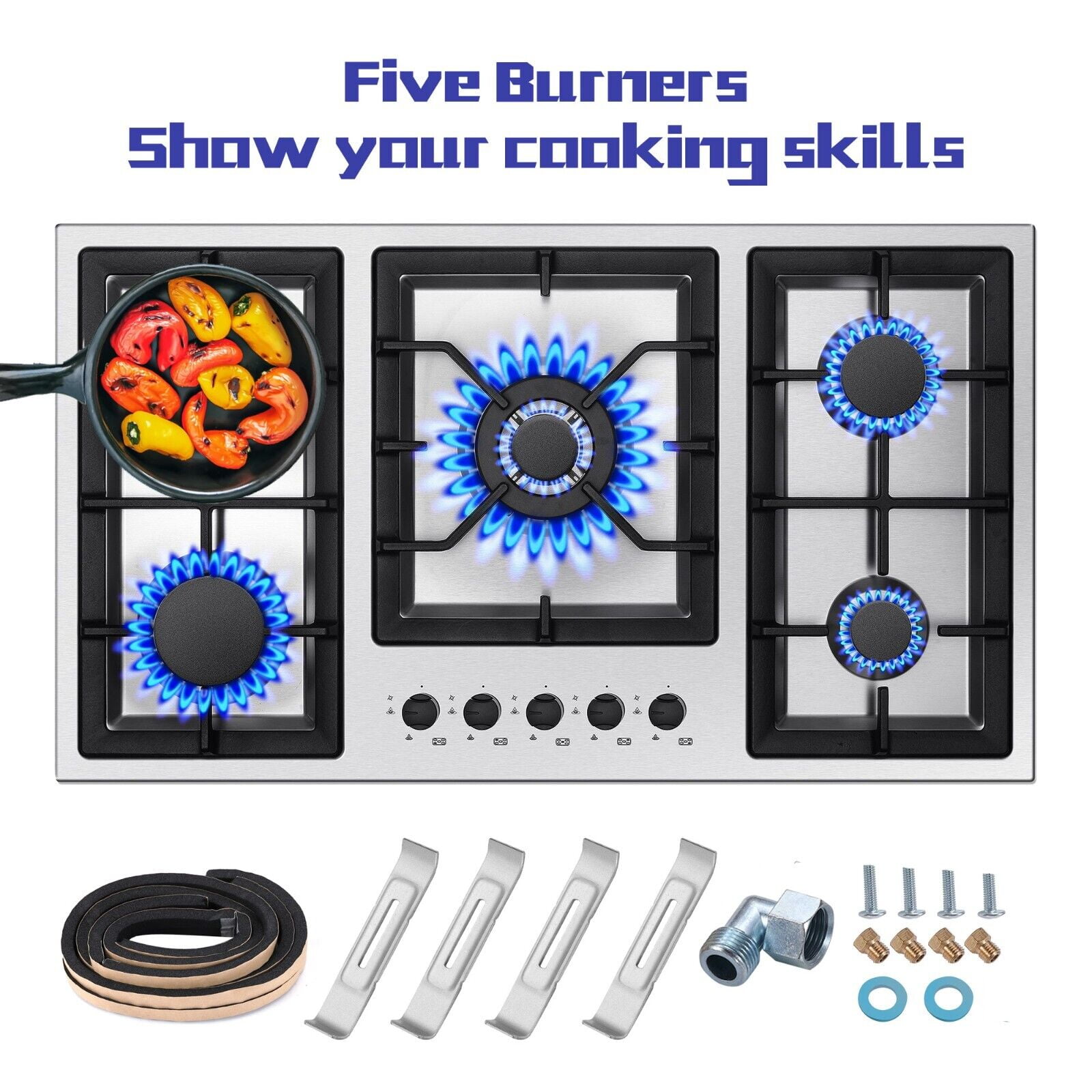 AMZGACHFKTCH 36 Inch Gas Cooktop with 5 Burners, Stainless Steel, LPG/Natural Gas Convertible, Thermocouple Protection