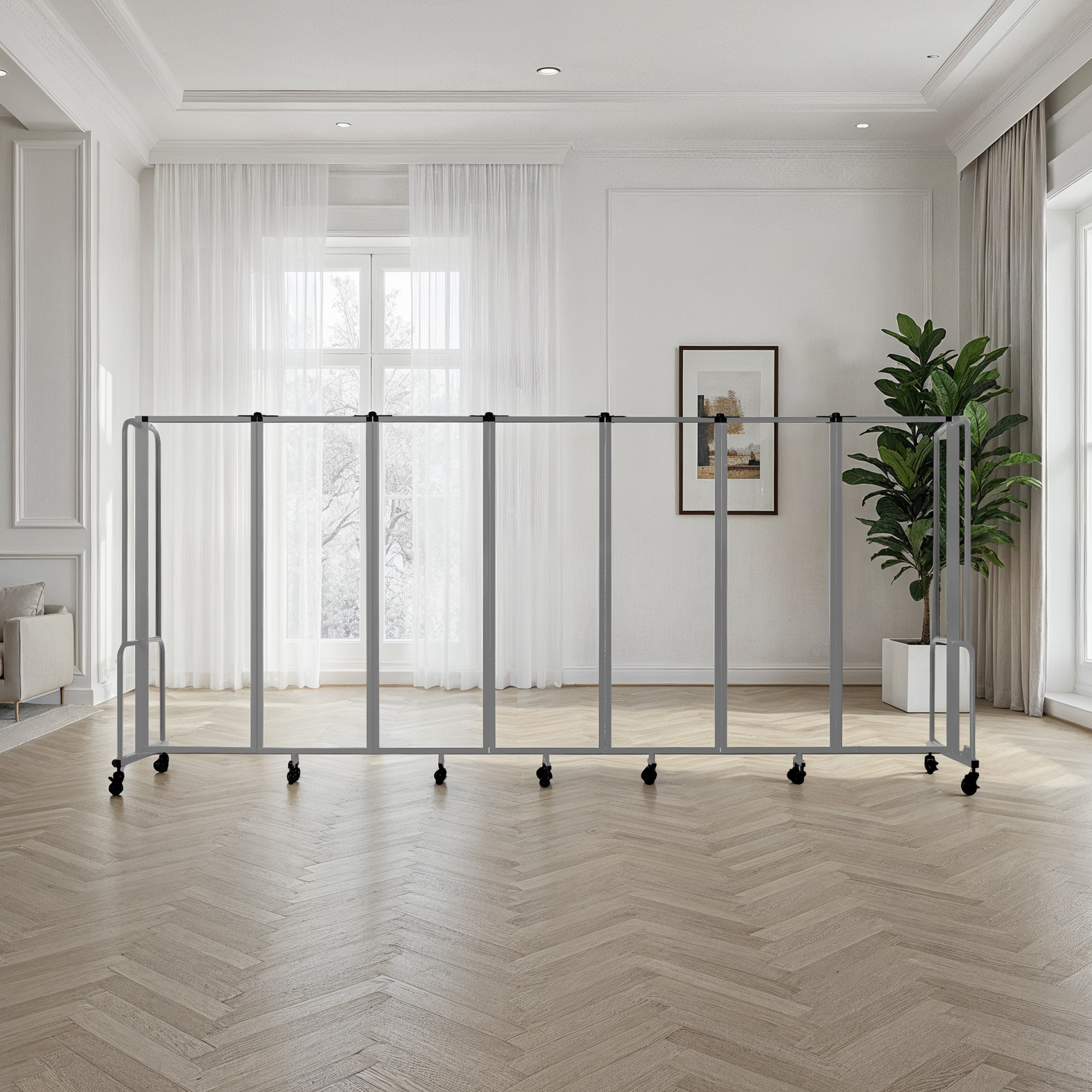 Hampden Furnishings Otis Collection Portable Room Divider, 7 Transparent Panels, Grey Frame