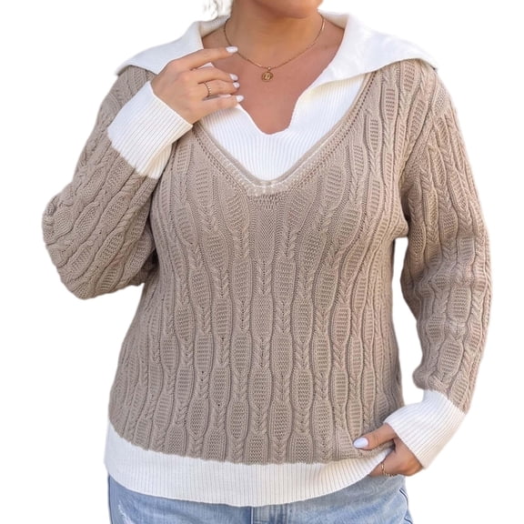 CHGBMOK Women's Plus Size Sweaters Loose Fit Color Block V Neck Pullover Rib Trim Long Sleeve Tops