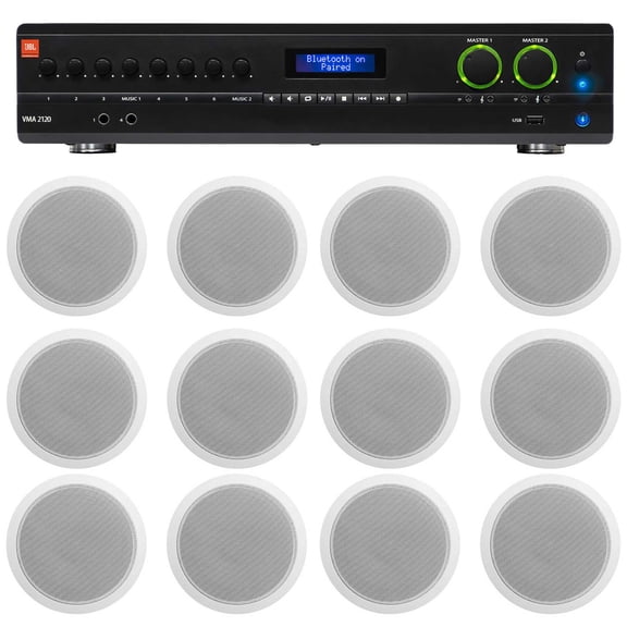 JBL 2-Channel Amp (12) White 6" Ceiling Speakers For Restaurant/Bar/Office/Cafe