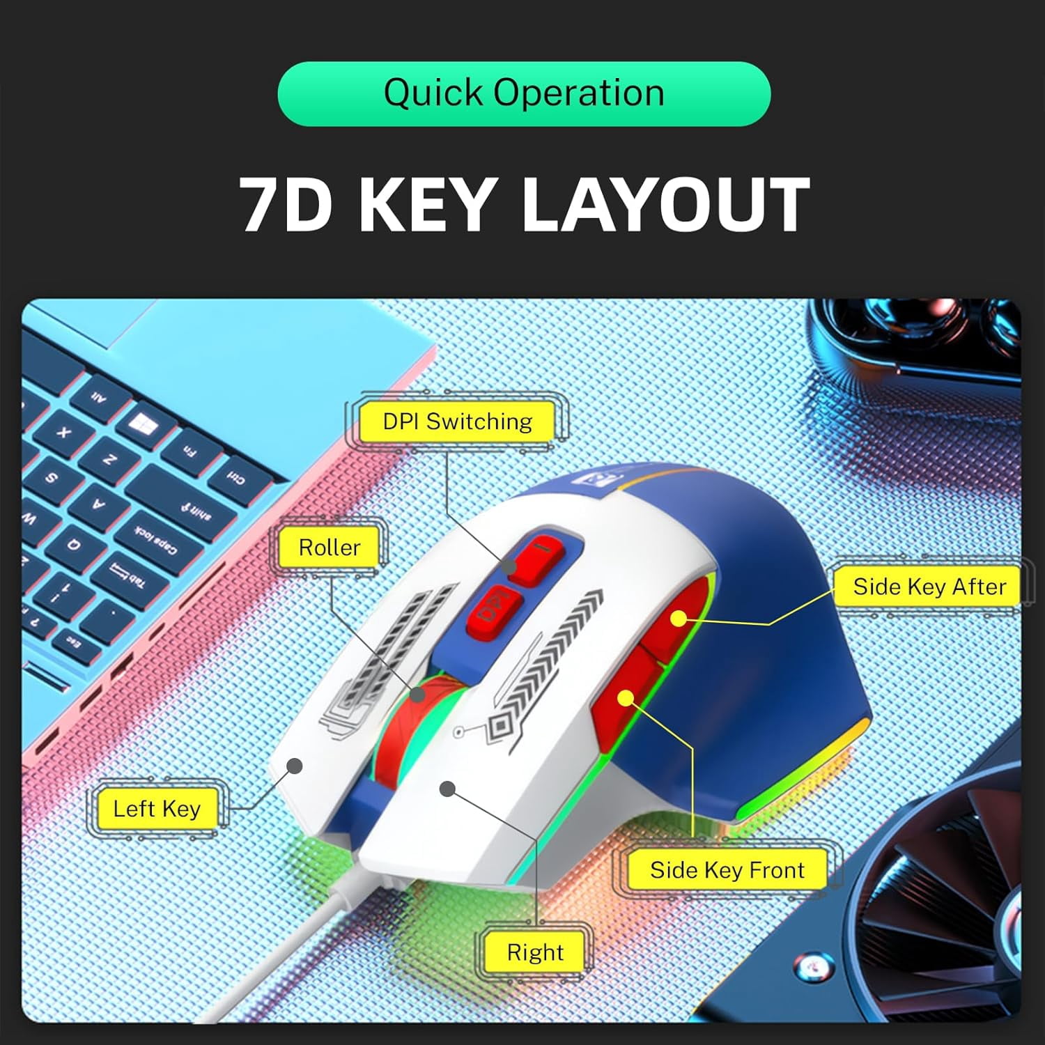 Wired RGB Gaming Mouse, 3600 DPI, 7 Programmable Buttons, Type-C Detachable Cable, Lightweight Silent Ergonomic Mouse for Laptop PC Mac