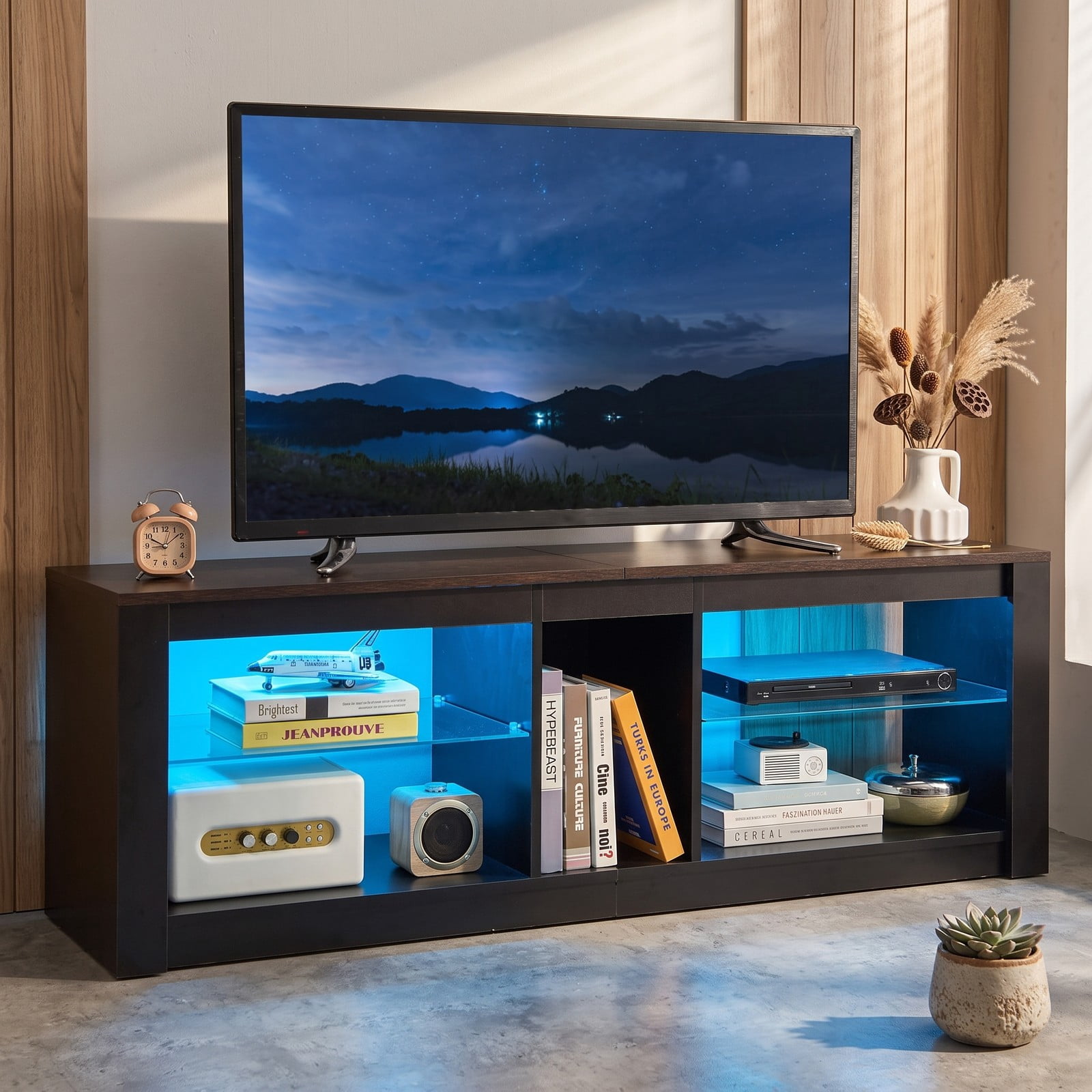 Furnibear Modern LED TV Stand for TVs up to 65 inch, Wood Entertainment Center with Adjustable Tempered Glass Shelves, Cable Management and Open Storage, Brown